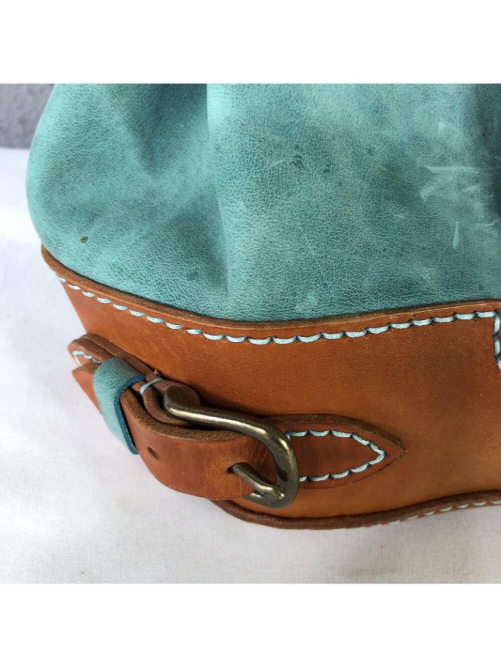 Bespoke Backpack Bag Womens Small Turquoise Brown Leather Boho Drawstring Casual - Picture 13 of 16